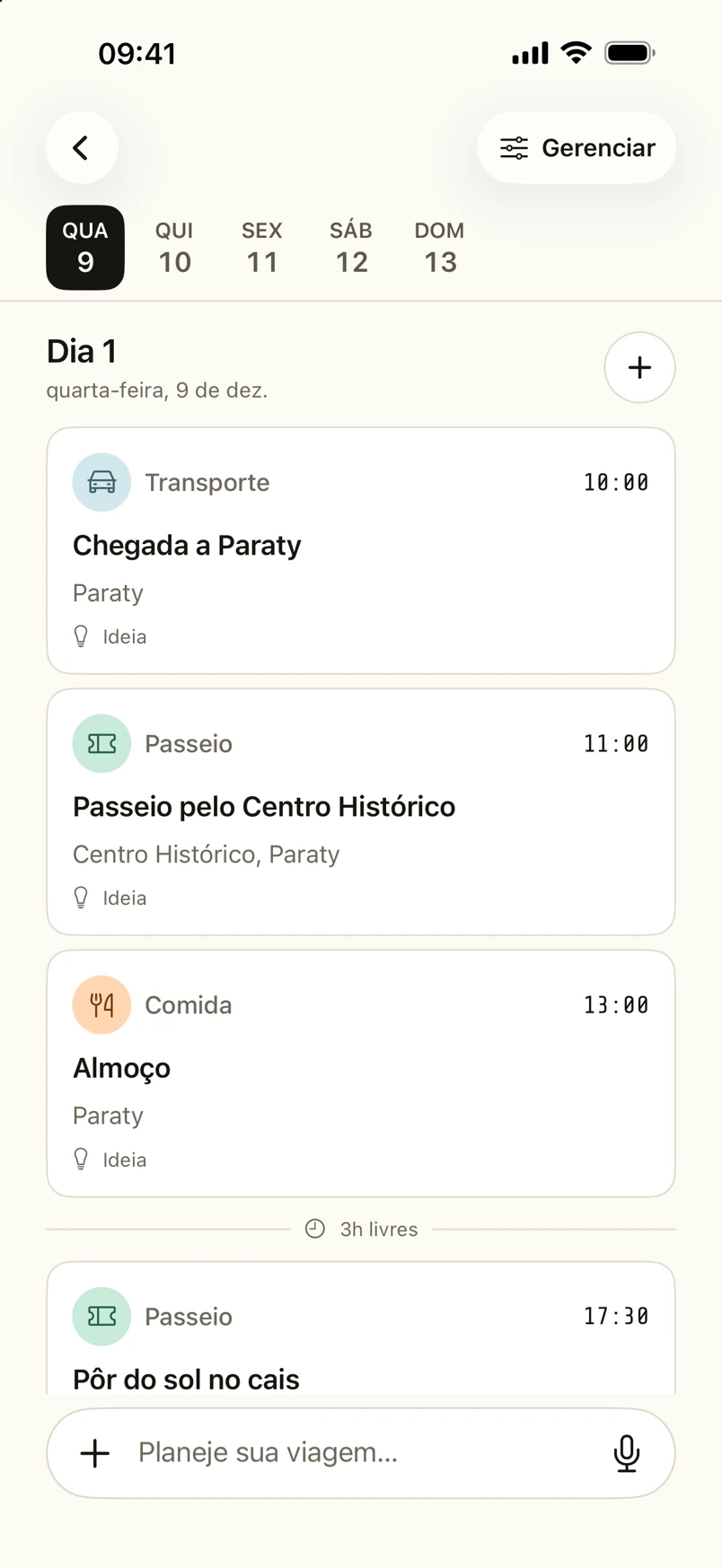 Paraty itinerary in Portuguese with arrival, a walk through the historic center, lunch and a three-hour break.